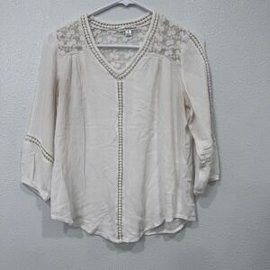 John‎ Paul Richard White Lace Trim Embroidered V Neck 3/4 Sleeve Blouse Top S